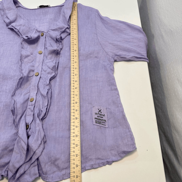 Womens 100% linen 3/4 Sleeve Button Front Blouse Size M Purple Ruffles Fairy - Picture 5 of 12